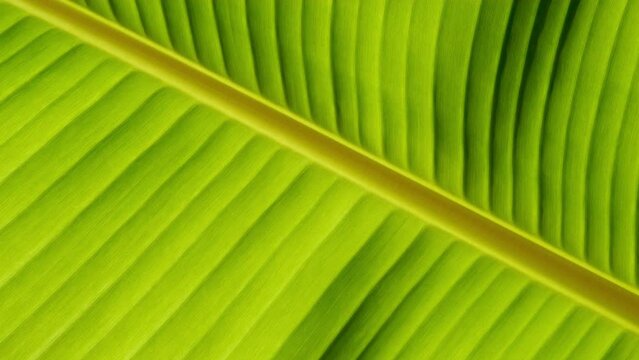 macro close up surface of green banana leaf background in the wind, slow motion, beauty in nature