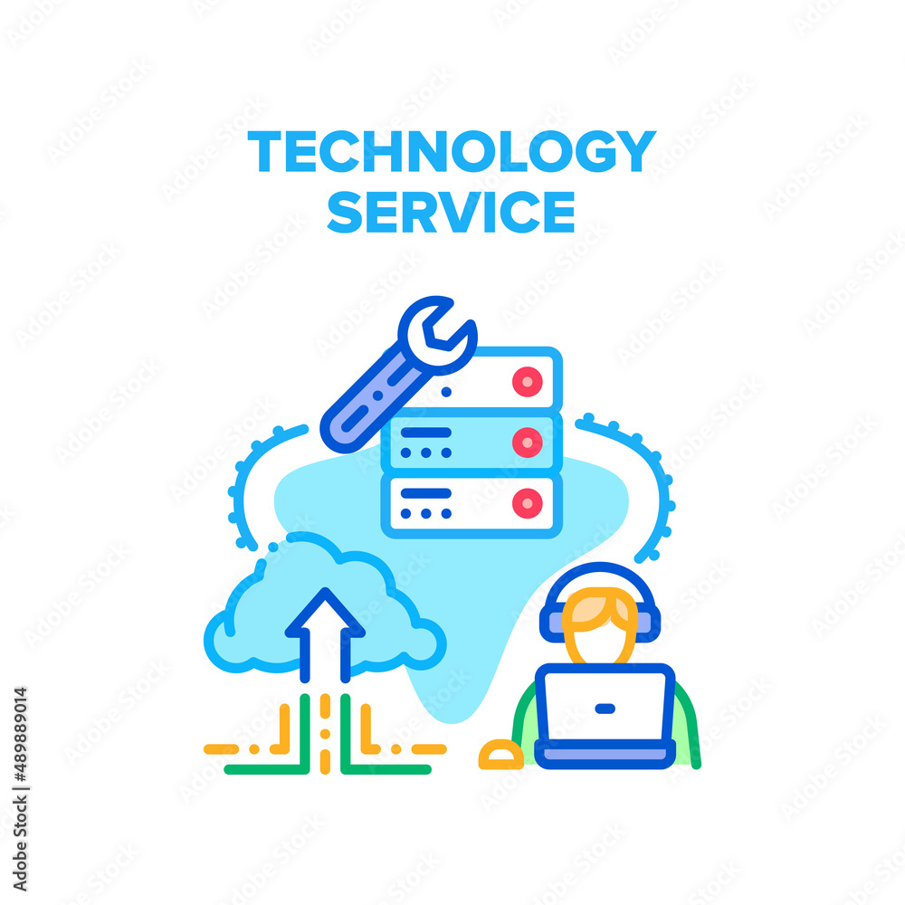 Poster technology service vector icon concept. call center worker supporting client on phone and online on 