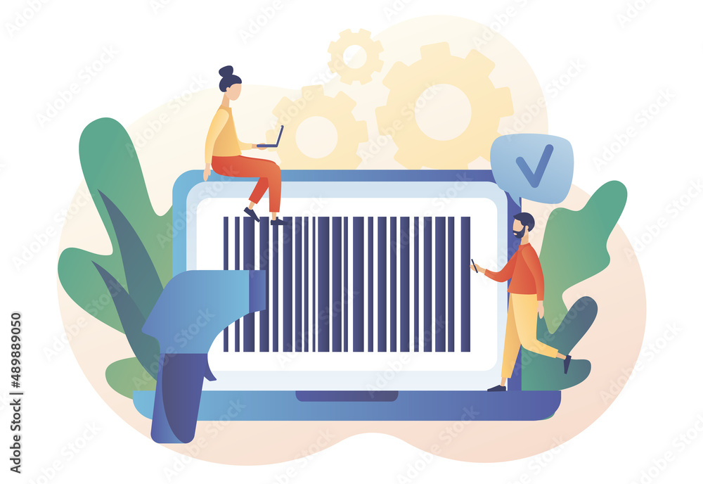 Poster bar code on laptop screan. tiny people scan bar-code. handheld barcode scanner. modern flat cartoon 