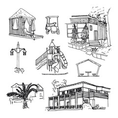Vector sketch Turkish hotel. Hand drawn buildings and landscape elements.