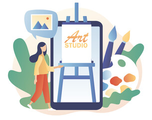 Art school or studio online. Artist. Tiny woman artist with canvas on easel on smartphone screen, pallete and brushes. Art workshop. Create picture. Modern flat cartoon style. Vector illustration 