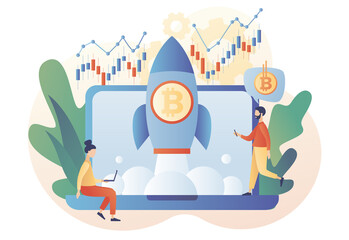Bitcoin price skyrocket. Tiny people cryptocurrency investors online. Spaceship flying upwards. Bull market concept. Rate growth. Modern flat cartoon style. Vector illustration on white background