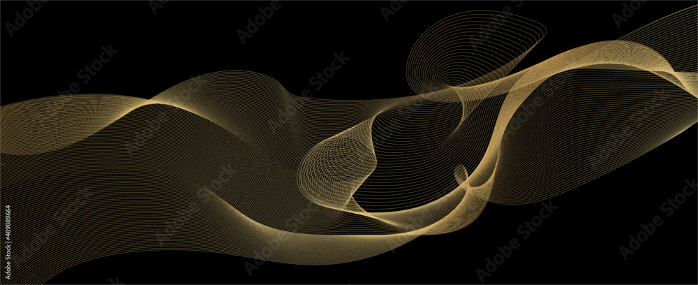 Poster Vector wave lines smooth flowing dynamic gold gradient light isolated on black background for concept of luxury, technology, digital, communication, science, musi