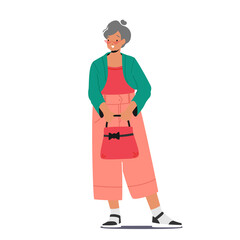 Trendy Grandmother in Old Elegant Clothes. Modern Elderly Lady Character Wear Fashionable Apparel Isolated on White