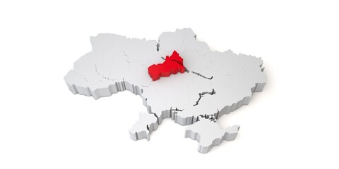 3d map of Ukraine showing the region of Cherkasy in red. 3D Rendering