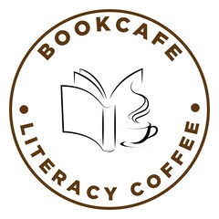 Simple coffee shop logo vintage with book and cup illustration in white background.