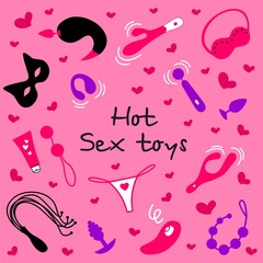 Doodle illustration with sextoys element for sex shop. Vector clipart set. Modern flat image.
