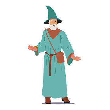 Old Wizard Wear Long Robe and Witch Hat with Shoulder Bag, Magician Character Merlin or Dumbledore Personage With Beard