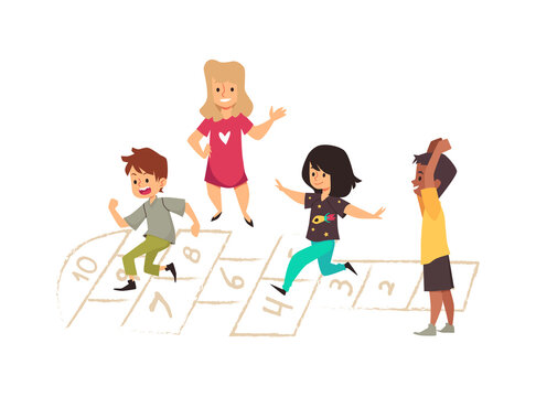 Active children playing hopscotch together flat vector illustration isolated.