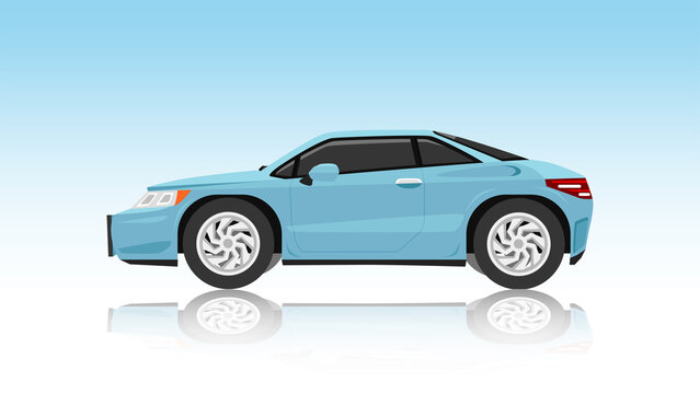 Beside luxury of sport car blue color. On backdrop of gradient white color with shadow of car on the ground. And gradient of blue to white background.