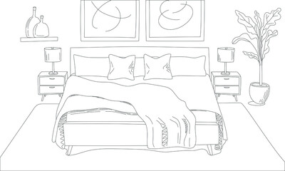 Bedroom Interior illustration line art sketch drawing with king size bed and a blanket, interior lamps on bedside tables, plant in a pot, and framed art on wall. Vector image concept illustration.