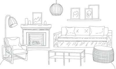 Living room Interior illustration line art sketch drawing with fireplace, an armchair, sofa, interior lamps and framed art on wall. Vector image concept illustration of Interior.