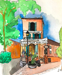 Sketch watercolor architectural hand drawn, postcard for design.