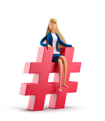 Young business woman Emma with hashtag on a white background. 3d illustration. Social network concept. - obrazy, fototapety, plakaty