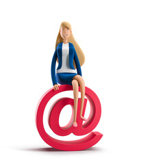 Young business woman Emma with mail sign on a white background. 3d illustration