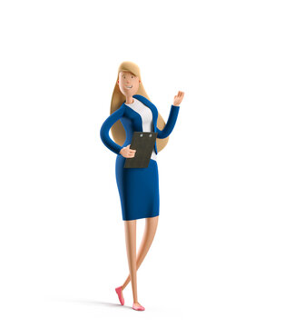 Young business woman Emma standing with folder on a white background. 3d illustration