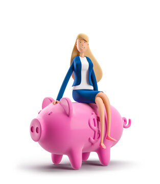 Young business woman Emma sitting on piggy bank. 3d illustration