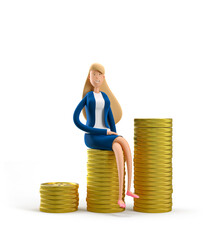 Young business woman Emma she is sitting on a stack of coins. Concept of business growth, leadership. 3d illustration