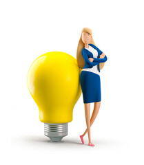 Young business woman Emma standing with bog light bulb on a white background. 3d illustration. Concept of creativity.
