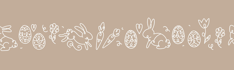 Cute hand drawn Easter seamless pattern with bunnies, eggs and decoration, great for textiles, banners, wallpapers, wrapping - vector surface design - obrazy, fototapety, plakaty