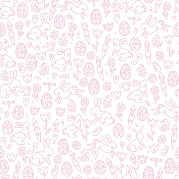 Cute hand drawn Easter seamless pattern with bunnies, eggs and decoration, great for textiles, banners, wallpapers, wrapping - vector surface design