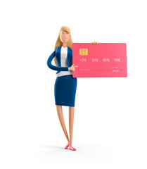 Young business woman Emma standing with credit card on a white background. 3d illustration