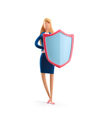 Young business woman Emma standing with shield on a white background. 3d illustration