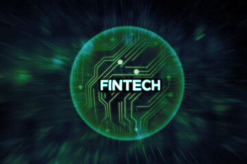 Fintech text in the bubble with circuit board
