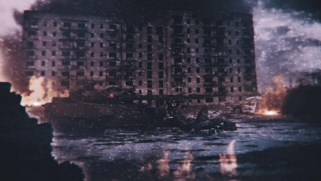 Cinematic style animation of a tank on the street in a ruined city with snow falling. 