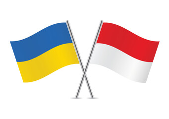 Ukraine and Indonesia crossed flags. Ukrainian and Indonesian flags, isolated on white background. Vector icon set. Vector illustration.