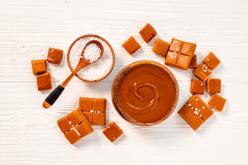 Homemade caramel candies with caramel sauce and salt