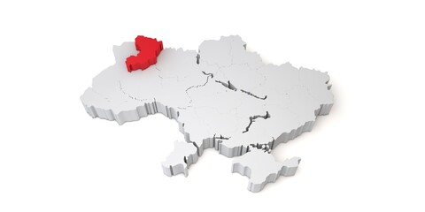 3d map of Ukraine showing the region of Rivne in red. 3D Rendering