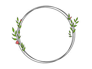Spring lettering. Vector illustration with texture on a white background. A frame of black rings, pink flowers and green foliage.
