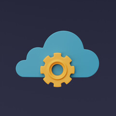 3d render of blue cloud symbol with Gear setting icon isolated on dark background,Cloud storage technology,minimal style.