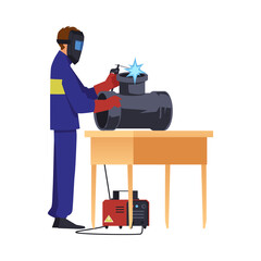 Welder welding metal pipe construction, flat vector illustration isolated.