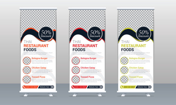 Restaurant food banner or food roll up banner design with three different colors