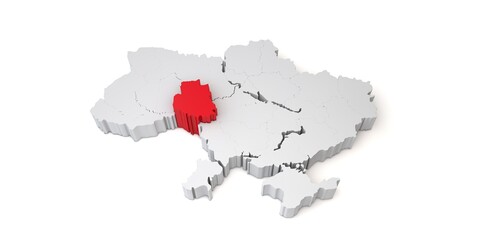 3d map of Ukraine showing the region of Vinnytsia in red. 3D Rendering