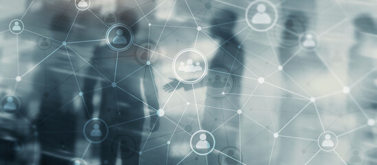 Social media. People relation and organization structure. Business and communication technology concept. Background with silhouettes