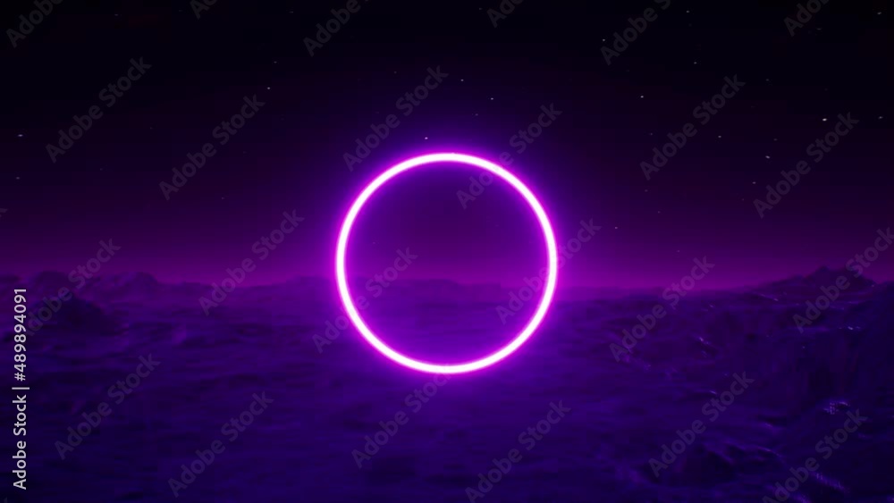 Wall mural glowing purple circle light logo frame on the dark night foggy planet ground