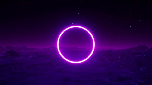 Glowing Purple Circle Light Logo Frame on the Dark Night Foggy Planet Ground