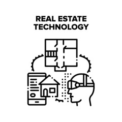 Real Estate Technology Vector Icon Concept. Engineer Watching Apartment Plan Project In Vr Glasses And Choosing House In Smartphone Application Online, Real Estate Technology Black Illustration