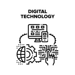 Digital Technology Vector Icon Concept. Computer And Smartphone, Fingerprint and Face Id Safety Modern Digital Technology. Electronic Device For World Communication Black Illustration