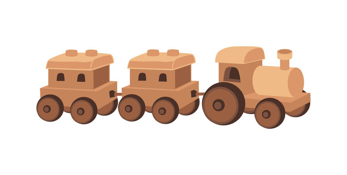 Wood toy for children, wooden train in flat vector illustration isolated