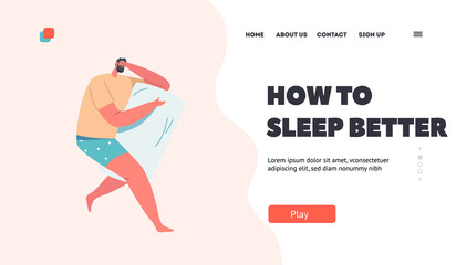 How to Sleep Better Landing Page Template. Male Character Wear Pajama Sleep or Nap at Night . Tired Man Sleeping Pose