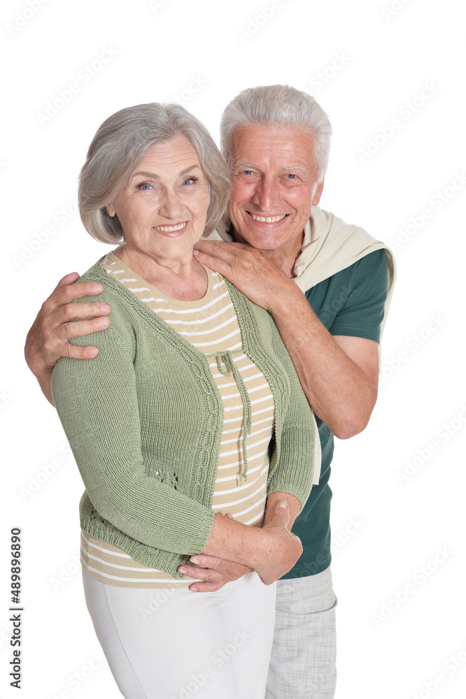 Sticker Portrait of happy senior couple embracing on white background