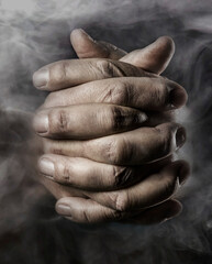 Background with joined hands coming out of the smoke 