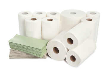 Paper towels and napkins on white background