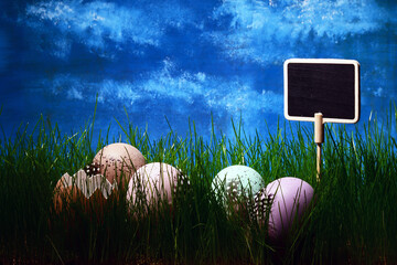 Jajka w Trawie jako symbol świąt Wielkanocnych. Święta wielkanocne to symbol radości, emocji, religii i wielkie emocje. zmartwychstanie, wybaczenie, miłość. - obrazy, fototapety, plakaty