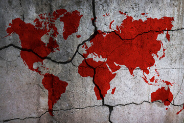 Silhouette of a world map on a cracked wall. Bloody trail in the form of the continents of the earth. War, the destruction of relations, the split of the world. Stop the war. International conflicts. - obrazy, fototapety, plakaty