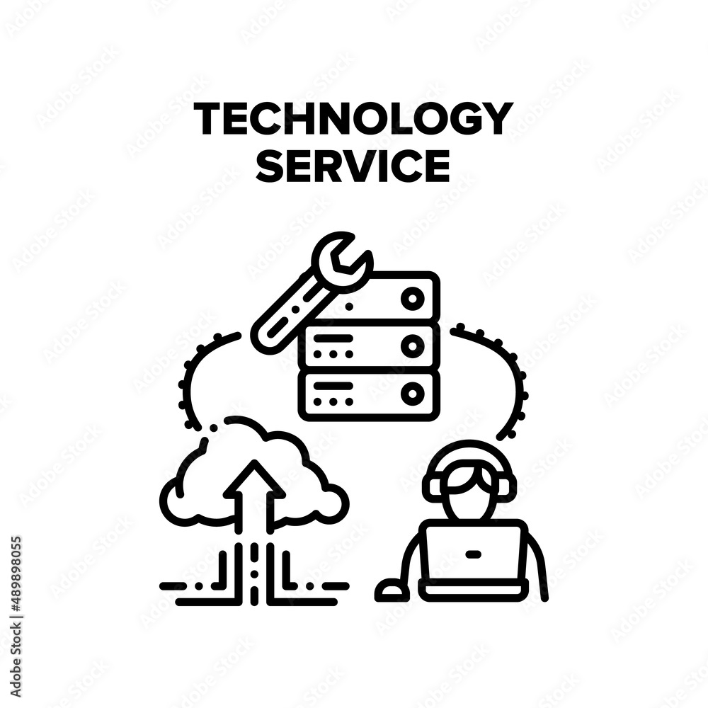 Poster technology service vector icon concept. call center worker supporting client on phone and online on 